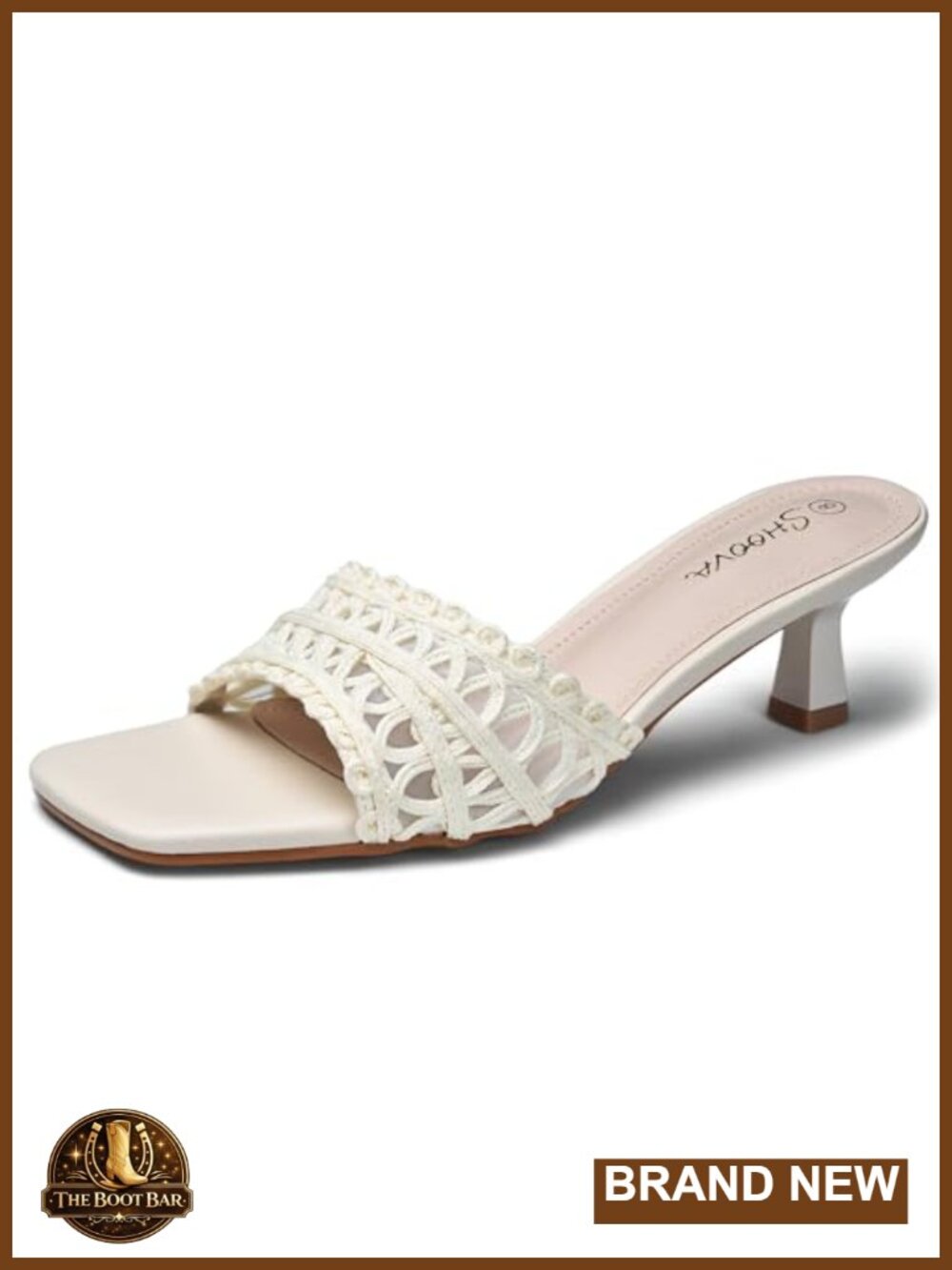 Women's White Lace Kitten Heels Square Toe Mesh Low Heel Slip On Sandals 2 Inch